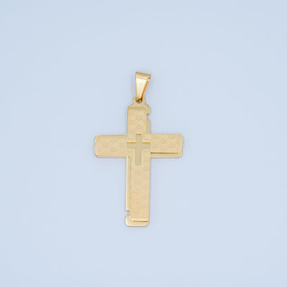 Stainless Steel Geometric Lined Double Cross Pendant in Gold &amp; Mixed Metal | P1049