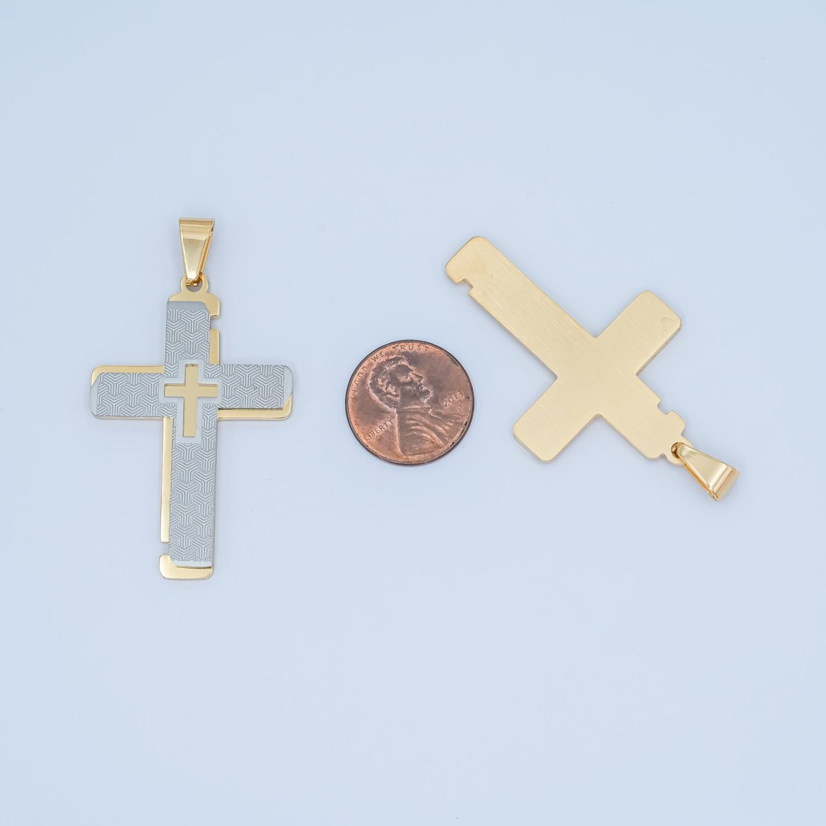 Stainless Steel Geometric Lined Double Cross Pendant in Gold &amp; Mixed Metal | P1049