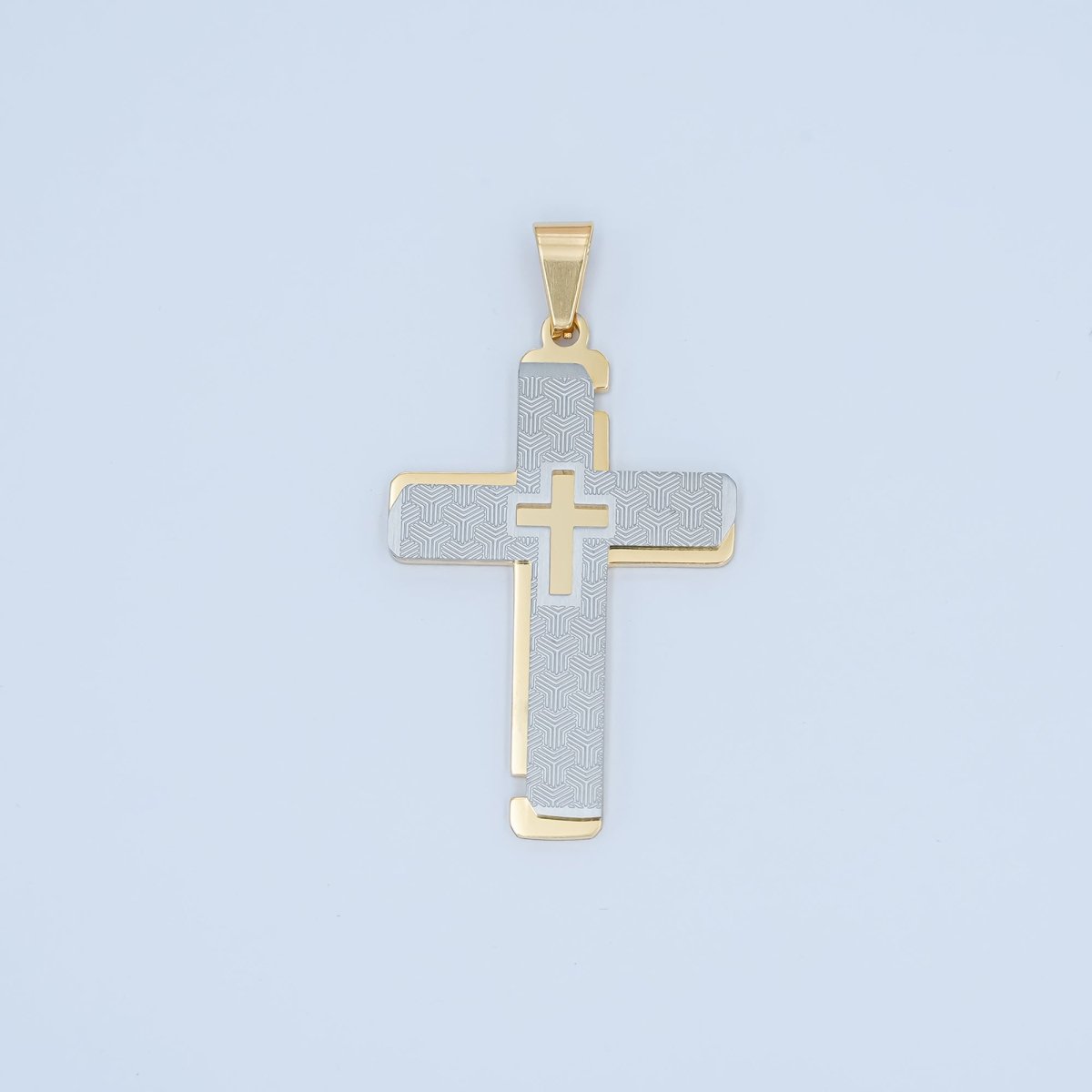 Stainless Steel Geometric Lined Double Cross Pendant in Gold &amp; Mixed Metal | P1049