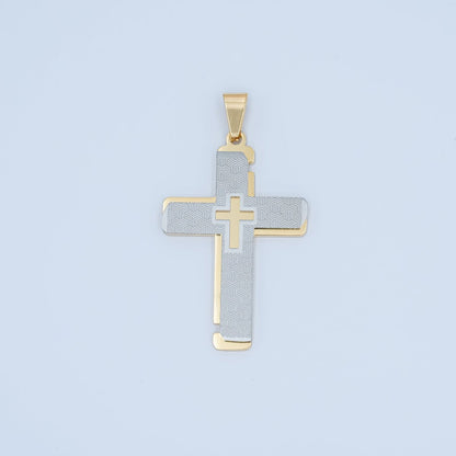 Stainless Steel Geometric Lined Double Cross Pendant in Gold &amp; Mixed Metal | P1049