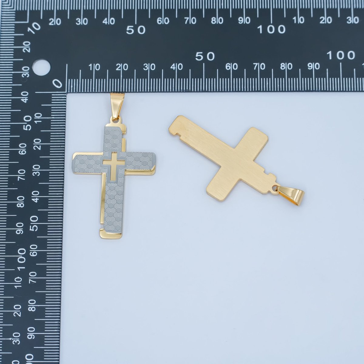 Stainless Steel Geometric Lined Double Cross Pendant in Gold &amp; Mixed Metal | P1049