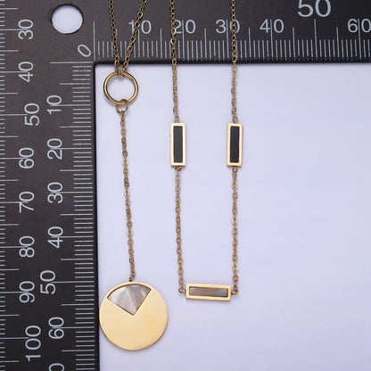 Stainless Steel Geometric Shell Pearl, Black Bar Lariat Round Pearl Cable Double Layer Stack Necklace | WA-2083 Clearance Pricing