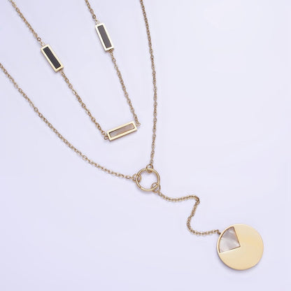 Stainless Steel Geometric Shell Pearl, Black Bar Lariat Round Pearl Cable Double Layer Stack Necklace | WA-2083 Clearance Pricing