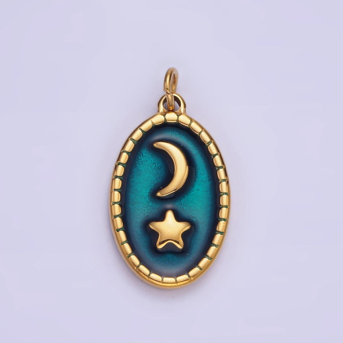 Stainless Steel Gold Celestial Pendant, Star Moon Medallion, Crescent Moon Pendant Oval Charm P-1382