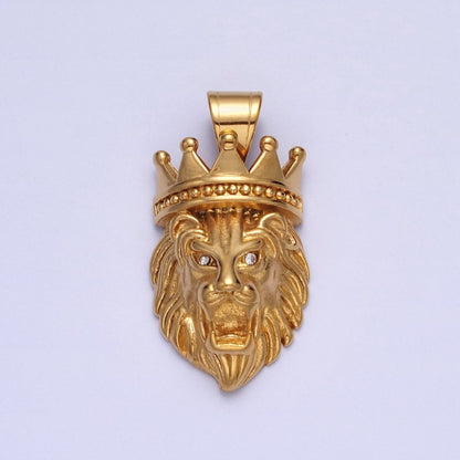 Stainless Steel Gold Crowned Roaring Lion King Pendant in Gold &amp; Silver J-749 J-752