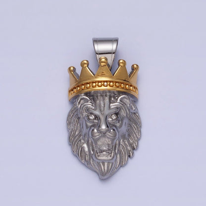 Stainless Steel Gold Crowned Roaring Lion King Pendant in Gold &amp; Silver J-749 J-752