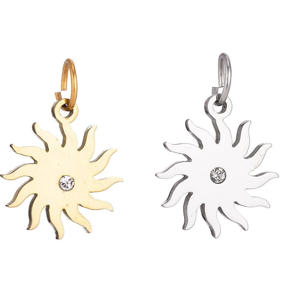 Stainless Steel Gold Minimalist Delicate Sun Symbol Cubic Zirconia Bracelet Charm Necklace Pendant Findings for Jewelry Making E-635