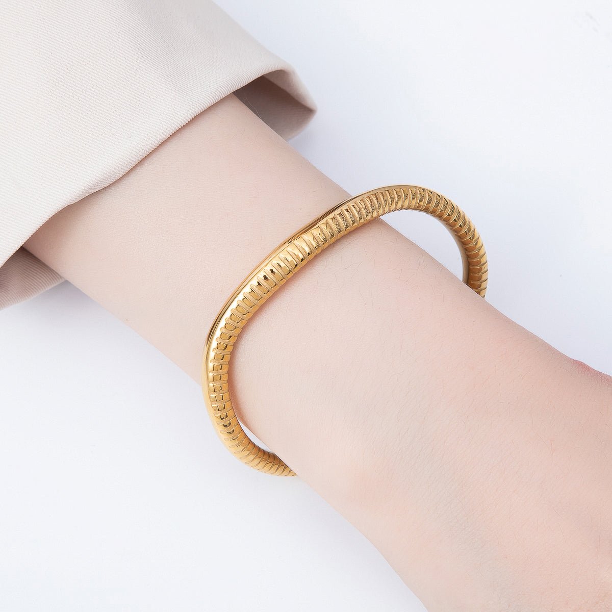 Stainless Steel Gold PVD Ribbed Lined Geometric Cuff Bracelet | WA-01506