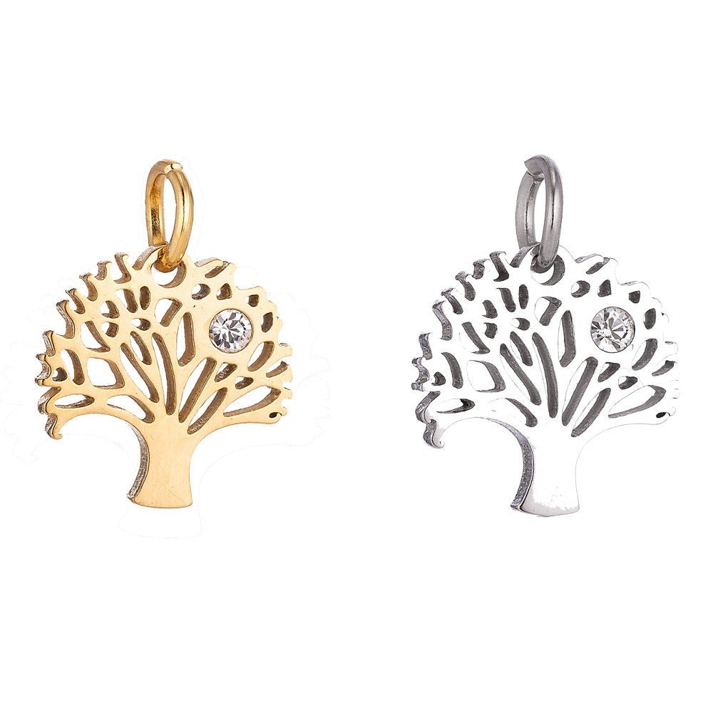 Stainless Steel Gold Tree Of Life Minimalist Cubic Zirconia Bracelet Charm Necklace Pendant Findings for Jewelry Making E-625