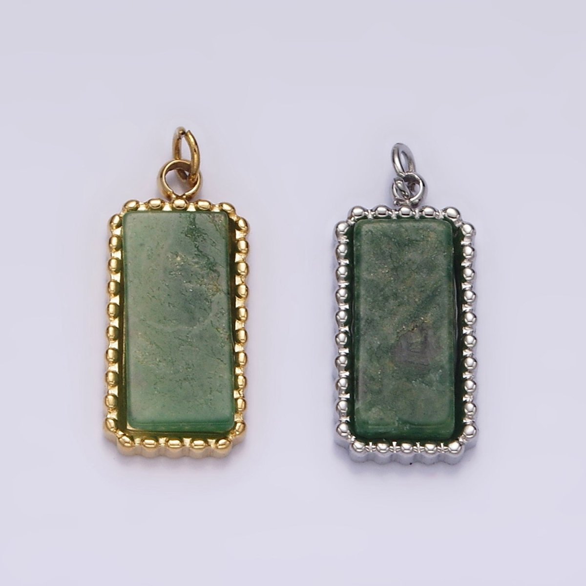 Stainless Steel Green Aventurine Dotted Bezel Rectangular Tag Charm in Gold &amp; Silver | P1299