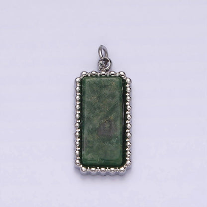 Stainless Steel Green Aventurine Dotted Bezel Rectangular Tag Charm in Gold &amp; Silver | P1299