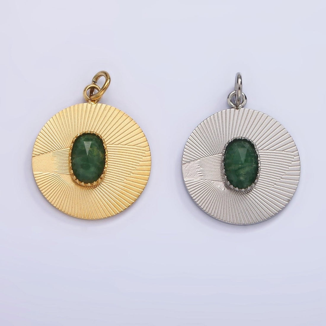 Stainless Steel Green Aventurine Multifaceted Cabochon Line-Textured Round Charm in Gold &amp; Silver | P1329