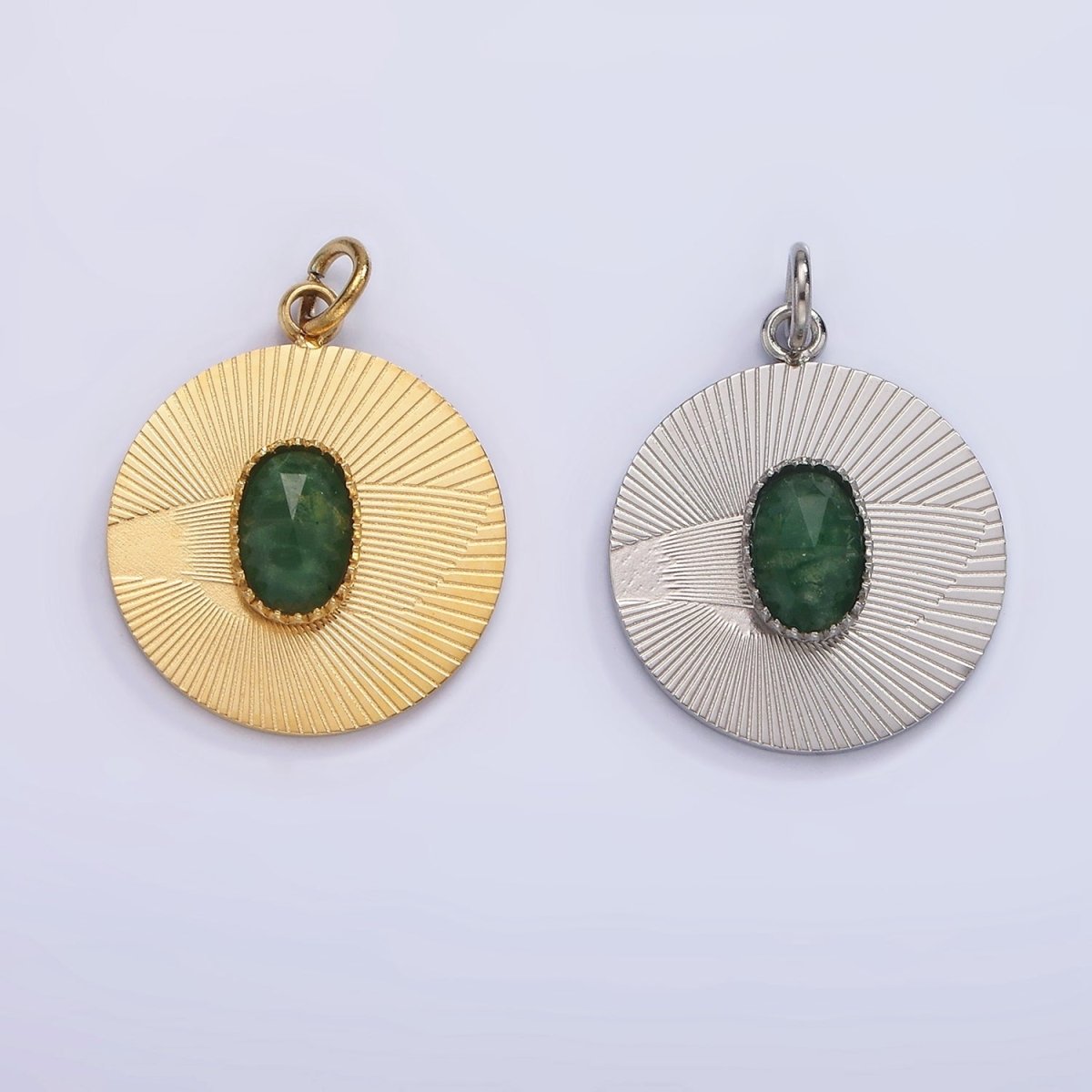 Stainless Steel Green Aventurine Multifaceted Cabochon Line-Textured Round Charm in Gold &amp; Silver | P1329