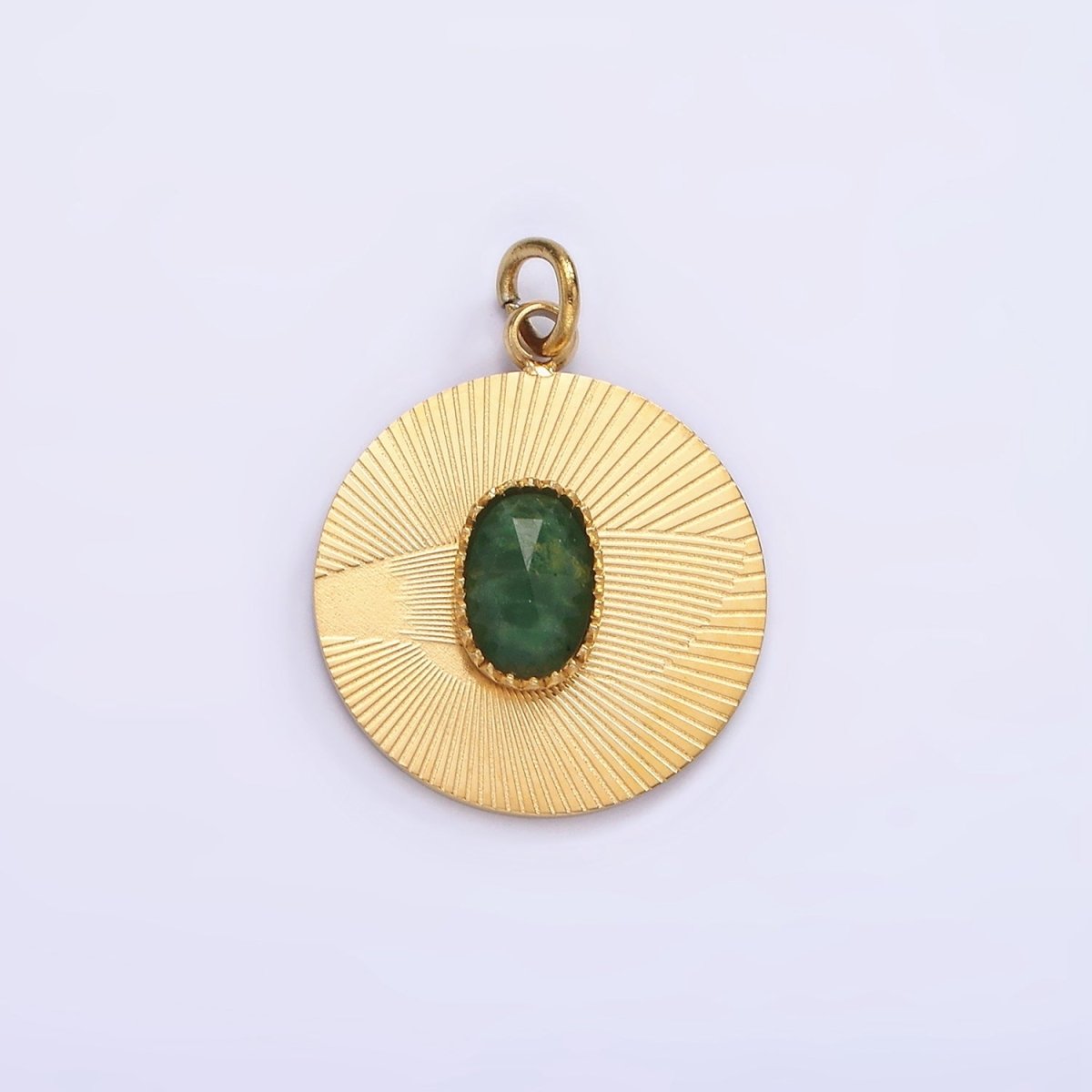 Stainless Steel Green Aventurine Multifaceted Cabochon Line-Textured Round Charm in Gold &amp; Silver | P1329