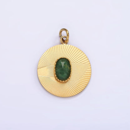 Stainless Steel Green Aventurine Multifaceted Cabochon Line-Textured Round Charm in Gold &amp; Silver | P1329