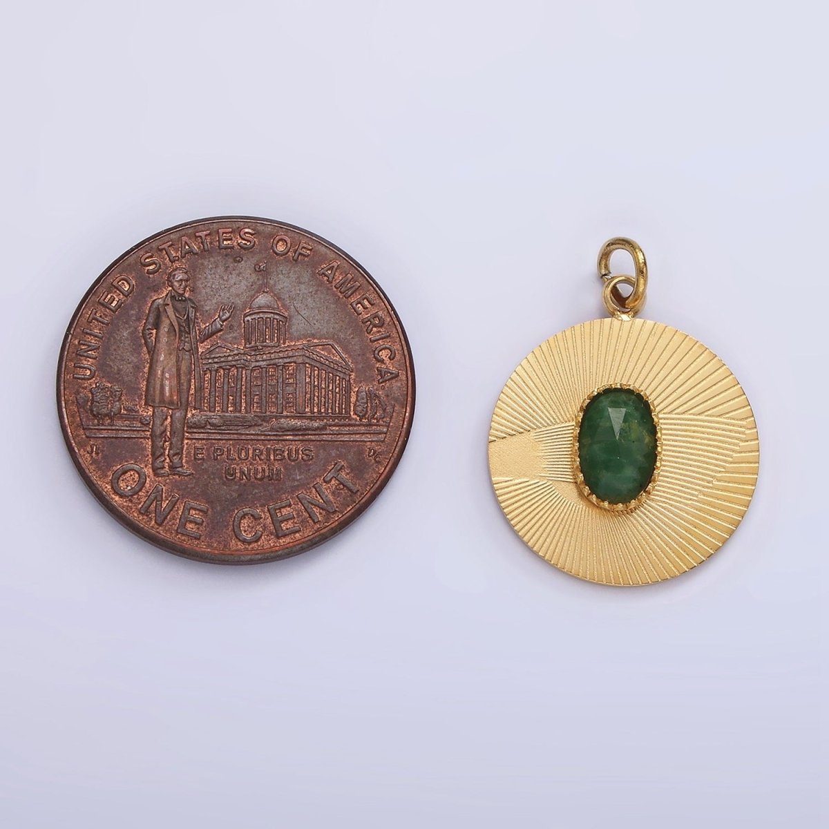 Stainless Steel Green Aventurine Multifaceted Cabochon Line-Textured Round Charm in Gold &amp; Silver | P1329
