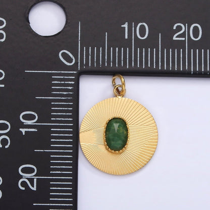 Stainless Steel Green Aventurine Multifaceted Cabochon Line-Textured Round Charm in Gold &amp; Silver | P1329