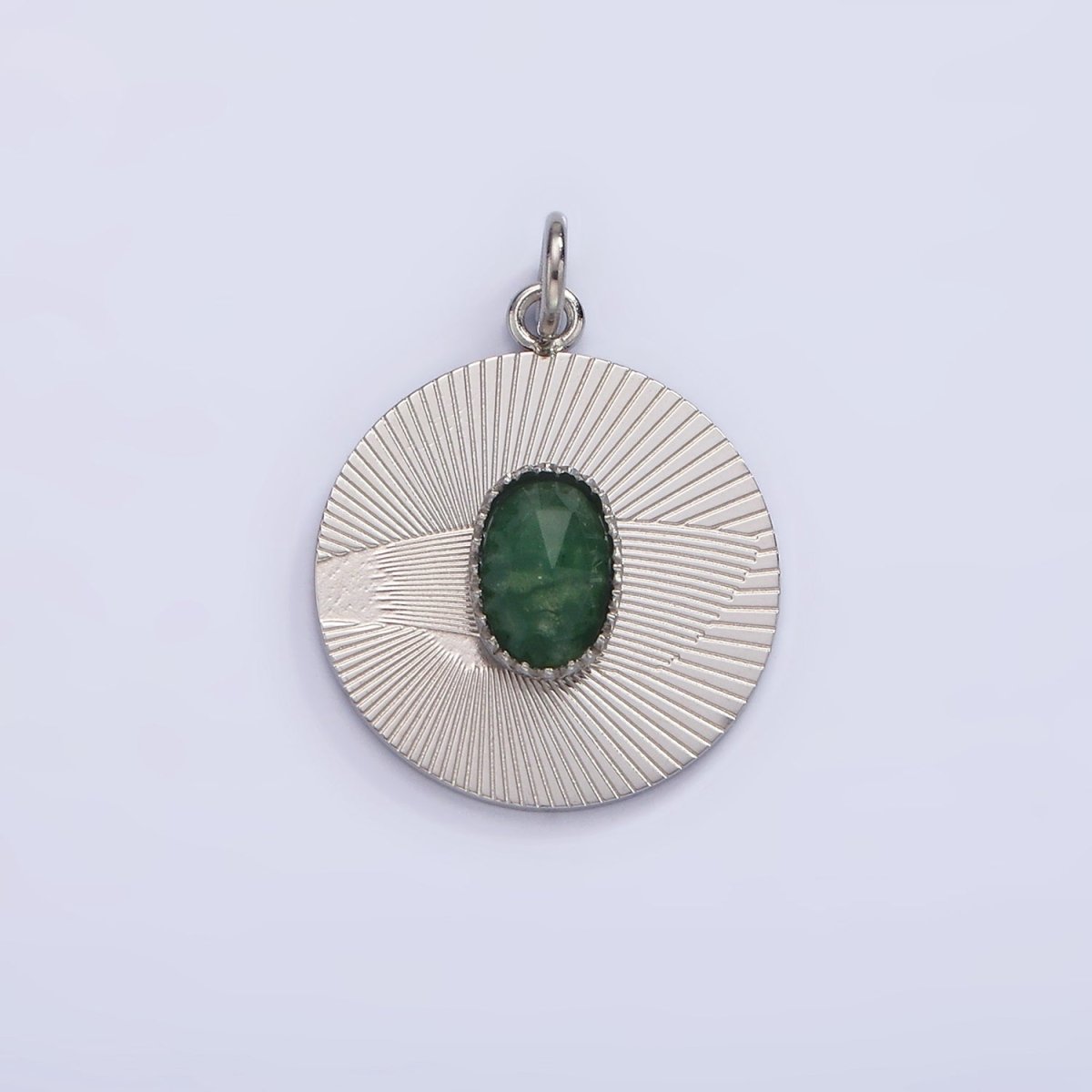 Stainless Steel Green Aventurine Multifaceted Cabochon Line-Textured Round Charm in Gold &amp; Silver | P1329