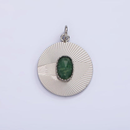 Stainless Steel Green Aventurine Multifaceted Cabochon Line-Textured Round Charm in Gold &amp; Silver | P1329