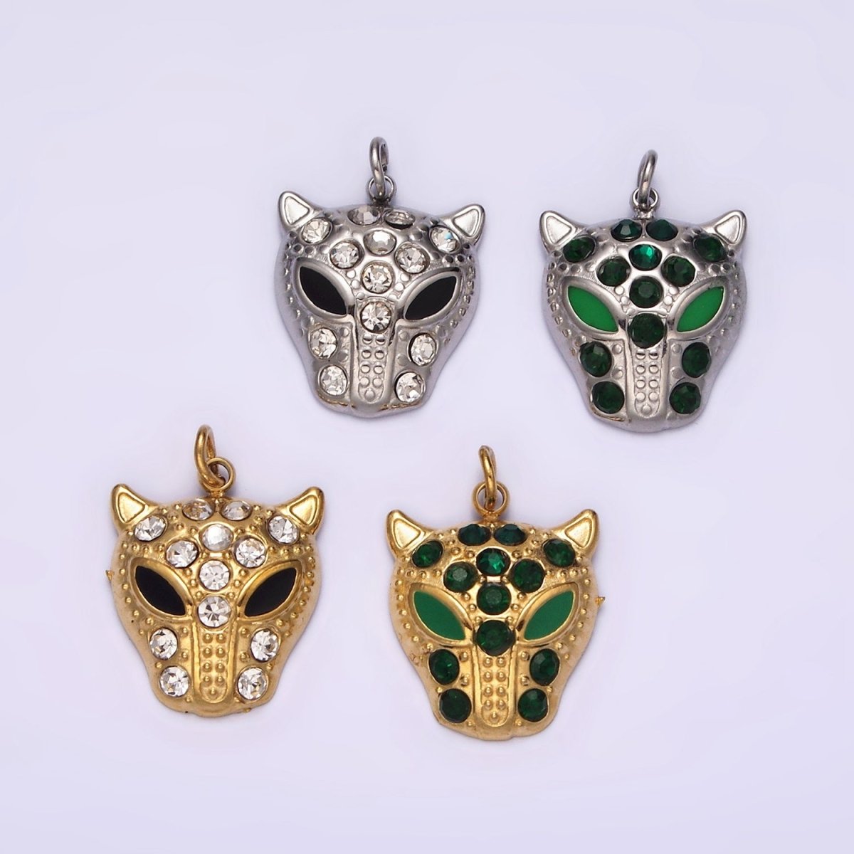Stainless Steel Green, Black Eyed Panther Animal CZ Dotted Charm in Gold &amp; Silver | P-678 ~P-681