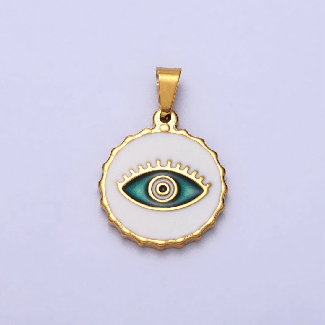 Stainless Steel Green, Blue Evil Eye White Enamel Round Textured Pendant in Gold &amp; Silver J-683 J-686 J-689 J-698