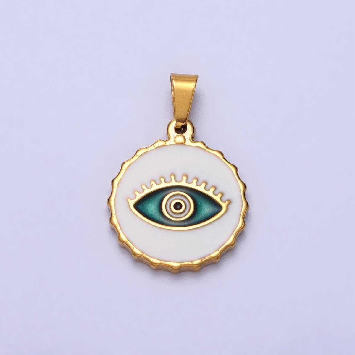 Stainless Steel Green, Blue Evil Eye White Enamel Round Textured Pendant in Gold &amp; Silver J-683 J-686 J-689 J-698