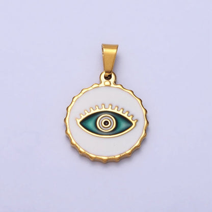 Stainless Steel Green, Blue Evil Eye White Enamel Round Textured Pendant in Gold &amp; Silver J-683 J-686 J-689 J-698
