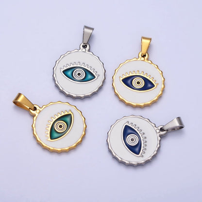 Stainless Steel Green, Blue Evil Eye White Enamel Round Textured Pendant in Gold &amp; Silver J-683 J-686 J-689 J-698
