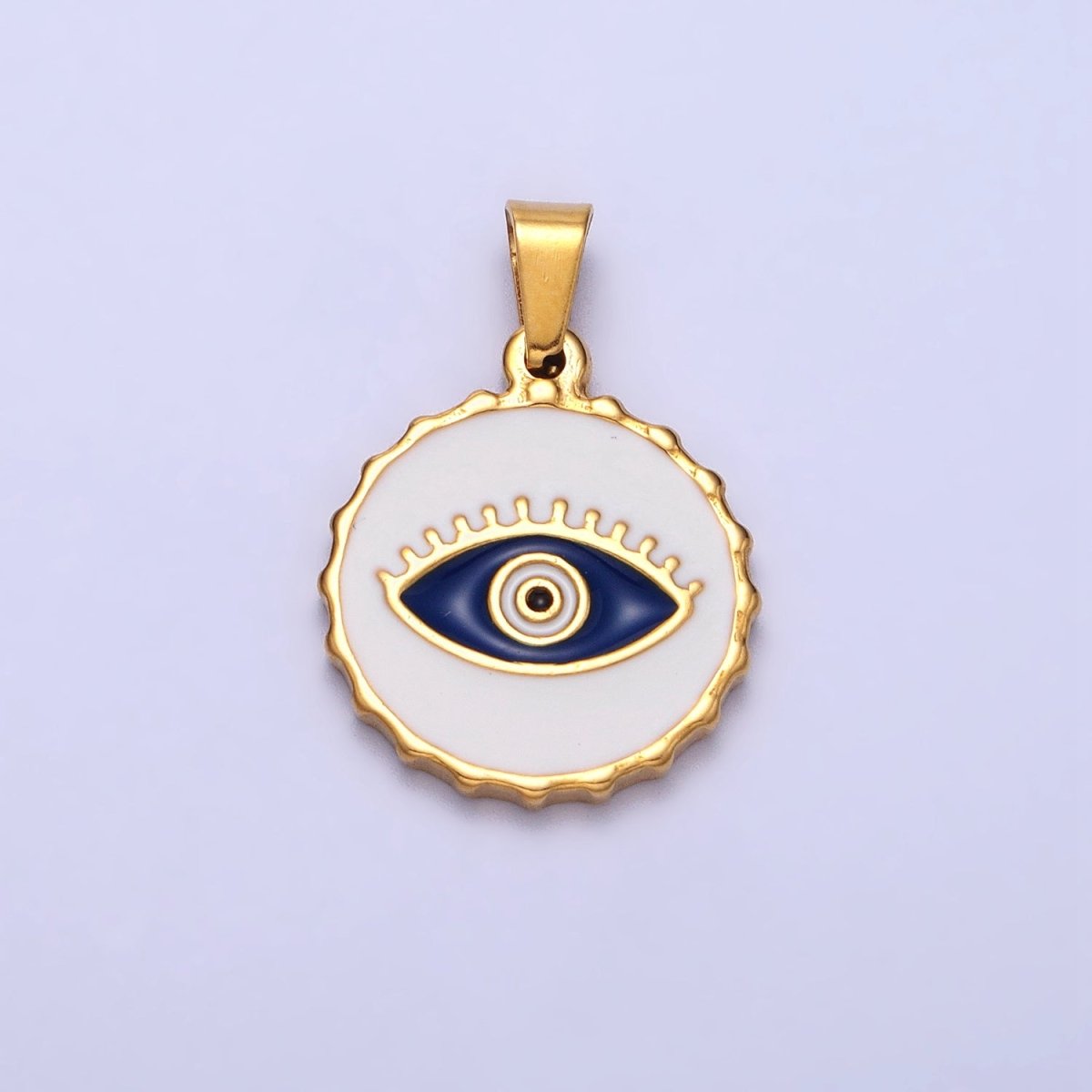 Stainless Steel Green, Blue Evil Eye White Enamel Round Textured Pendant in Gold &amp; Silver J-683 J-686 J-689 J-698