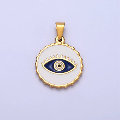 Stainless Steel Green, Blue Evil Eye White Enamel Round Textured Pendant in Gold &amp; Silver J-683 J-686 J-689 J-698