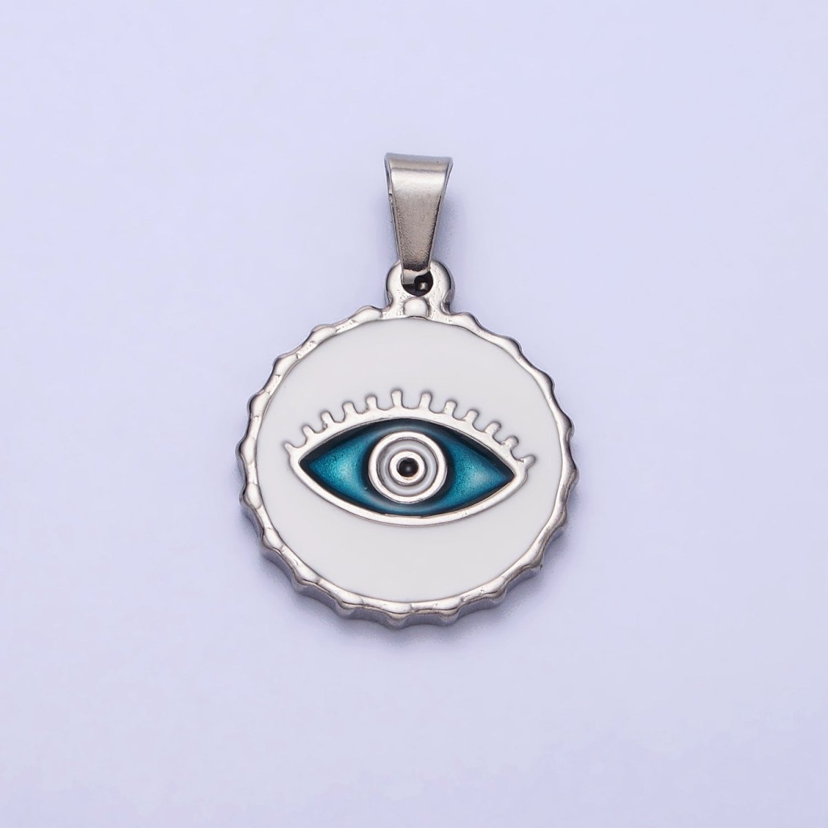 Stainless Steel Green, Blue Evil Eye White Enamel Round Textured Pendant in Gold &amp; Silver J-683 J-686 J-689 J-698