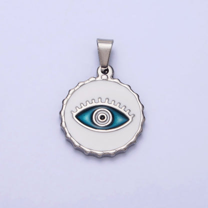 Stainless Steel Green, Blue Evil Eye White Enamel Round Textured Pendant in Gold &amp; Silver J-683 J-686 J-689 J-698