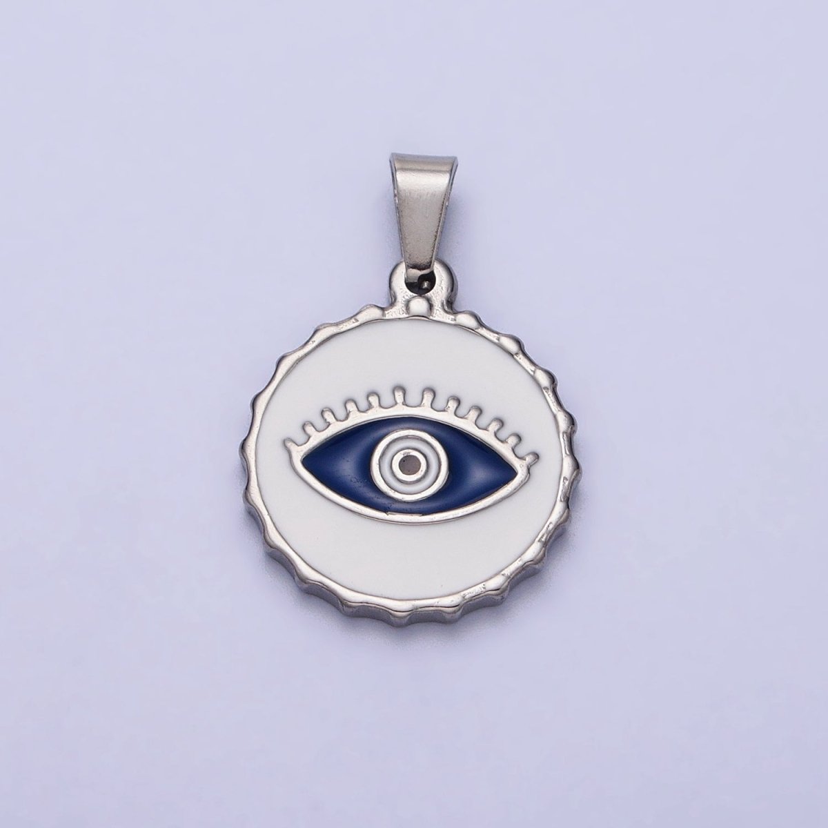 Stainless Steel Green, Blue Evil Eye White Enamel Round Textured Pendant in Gold &amp; Silver J-683 J-686 J-689 J-698