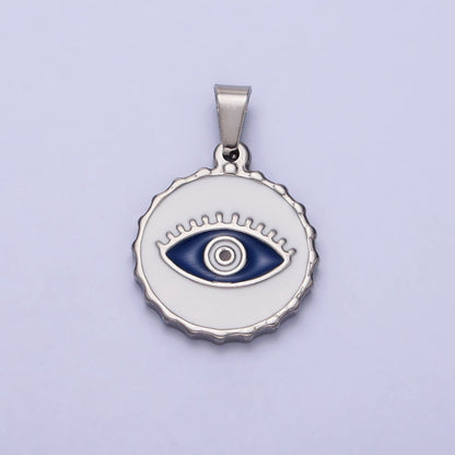 Stainless Steel Green, Blue Evil Eye White Enamel Round Textured Pendant in Gold &amp; Silver J-683 J-686 J-689 J-698