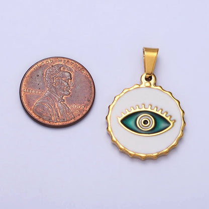 Stainless Steel Green, Blue Evil Eye White Enamel Round Textured Pendant in Gold &amp; Silver J-683 J-686 J-689 J-698
