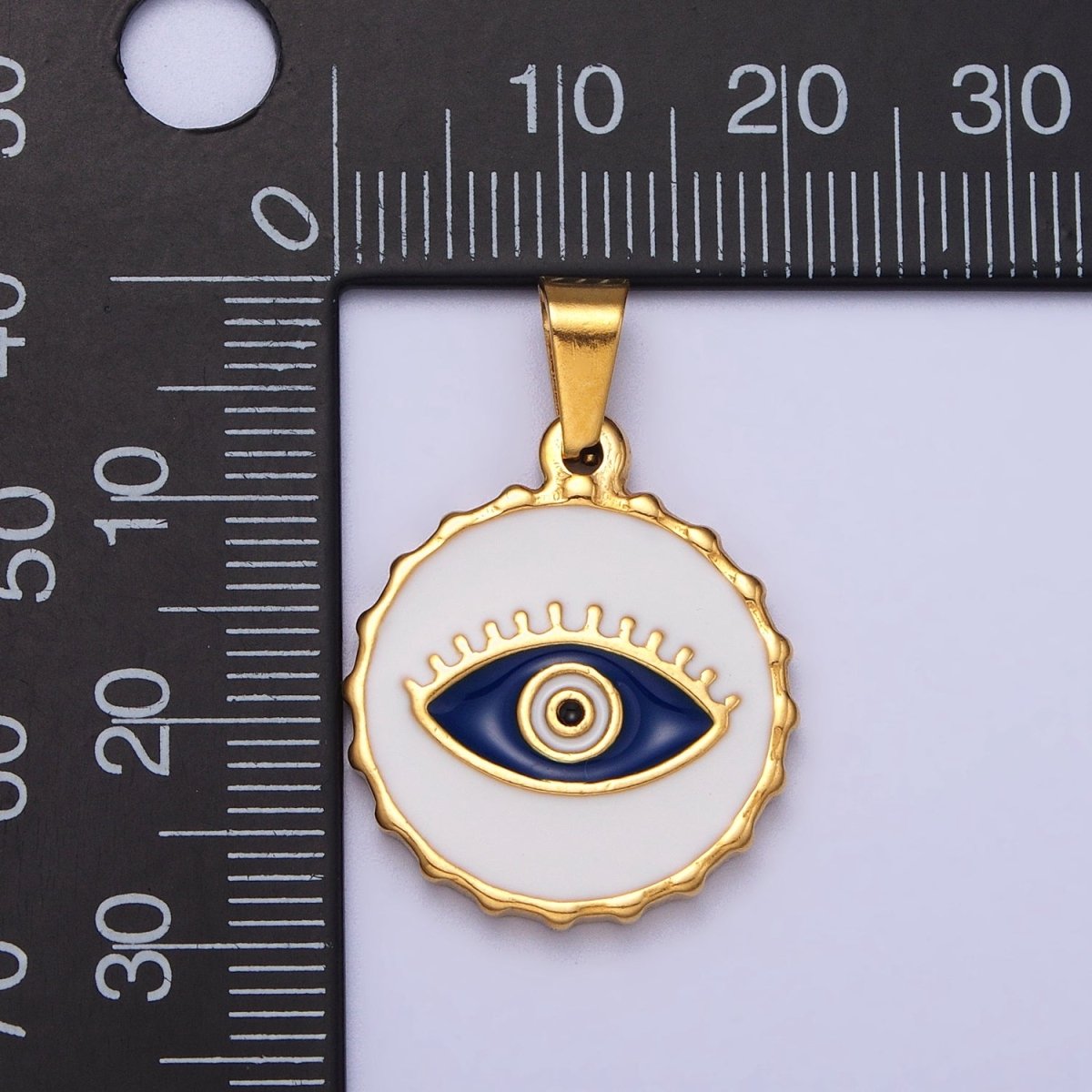 Stainless Steel Green, Blue Evil Eye White Enamel Round Textured Pendant in Gold &amp; Silver J-683 J-686 J-689 J-698