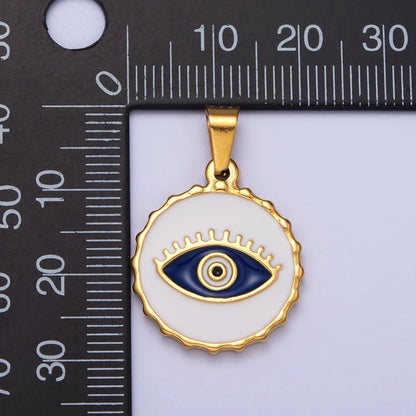 Stainless Steel Green, Blue Evil Eye White Enamel Round Textured Pendant in Gold &amp; Silver J-683 J-686 J-689 J-698