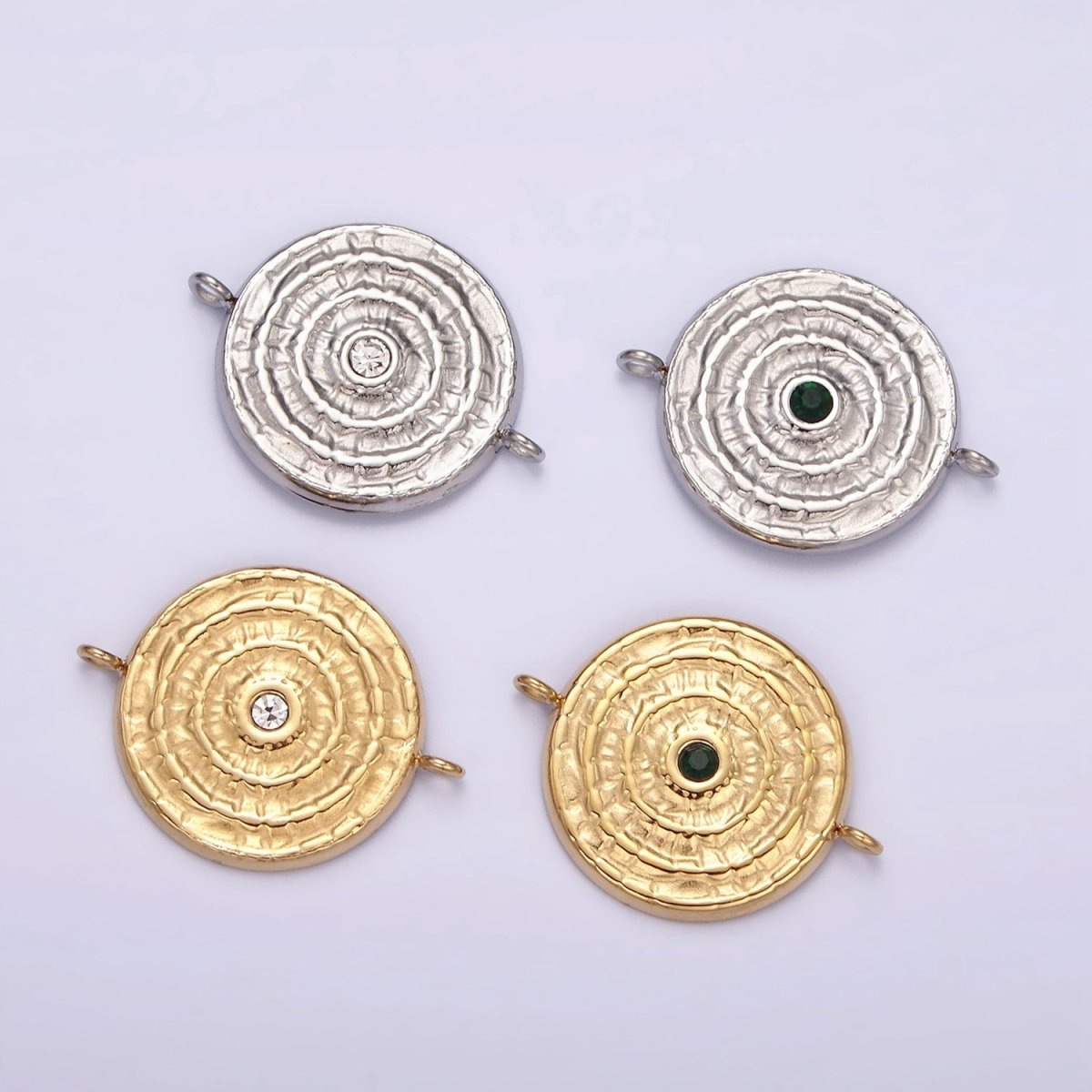 Stainless Steel Green, Clear CZ 15mm Textured Circular Round Connector in Gold &amp; Silver | P-684~P-687