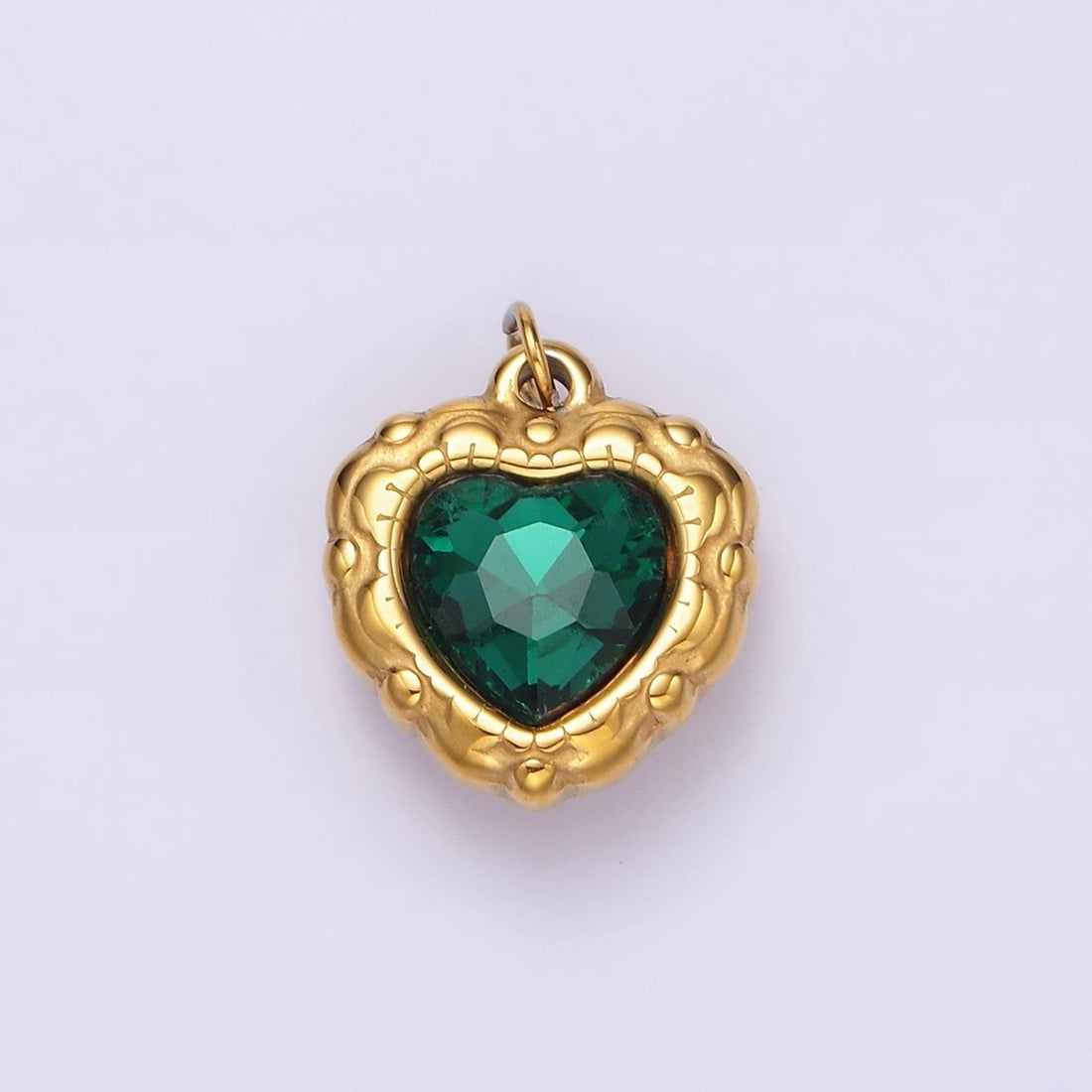 Stainless Steel Green CZ Heart Artisan Bezel Charm | P-654