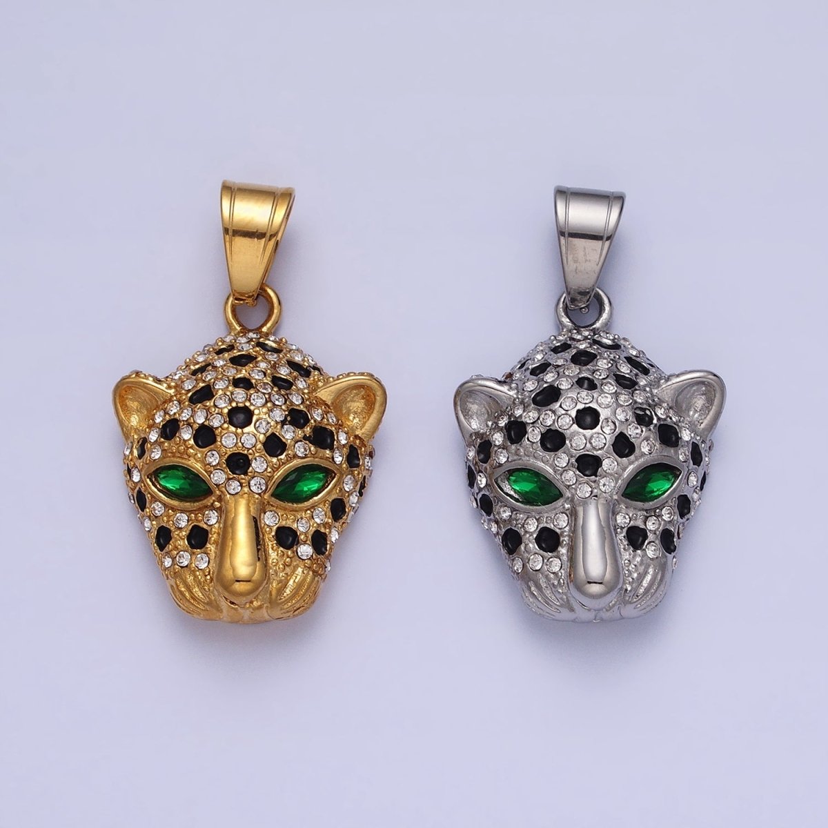 Stainless Steel Green-Eyed CZ Jaguar Animal Black White Micro Paved CZ Gold &amp; Silver Pendant J-755 J-758
