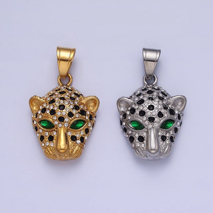 Stainless Steel Green-Eyed CZ Jaguar Animal Black White Micro Paved CZ Gold &amp; Silver Pendant J-755 J-758
