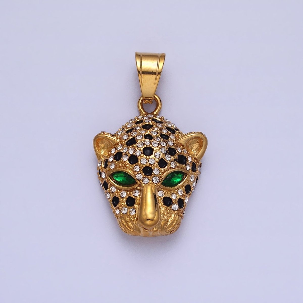 Stainless Steel Green-Eyed CZ Jaguar Animal Black White Micro Paved CZ Gold &amp; Silver Pendant J-755 J-758