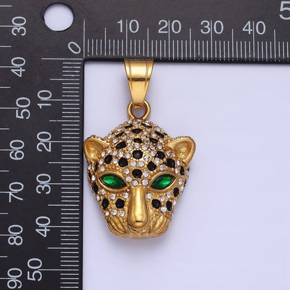 Stainless Steel Green-Eyed CZ Jaguar Animal Black White Micro Paved CZ Gold &amp; Silver Pendant J-755 J-758