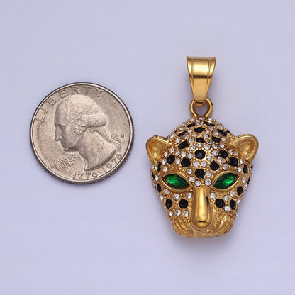 Stainless Steel Green-Eyed CZ Jaguar Animal Black White Micro Paved CZ Gold &amp; Silver Pendant J-755 J-758