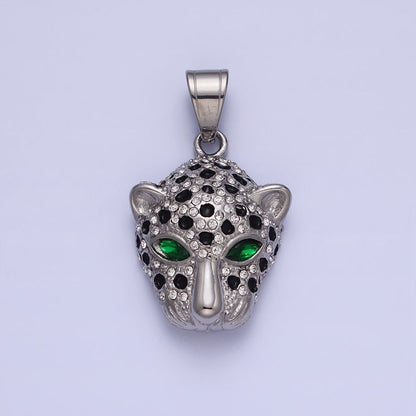 Stainless Steel Green-Eyed CZ Jaguar Animal Black White Micro Paved CZ Gold &amp; Silver Pendant J-755 J-758
