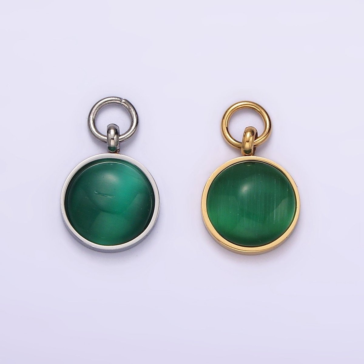 Stainless Steel Green Malachite Round Gemstone Charm in Gold &amp; Silver | P1265
