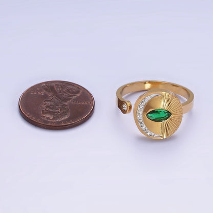 Stainless Steel Green Marquise CZ Celestial Crescent Moon Lined Sunburst Round Wrap Ring | O1296