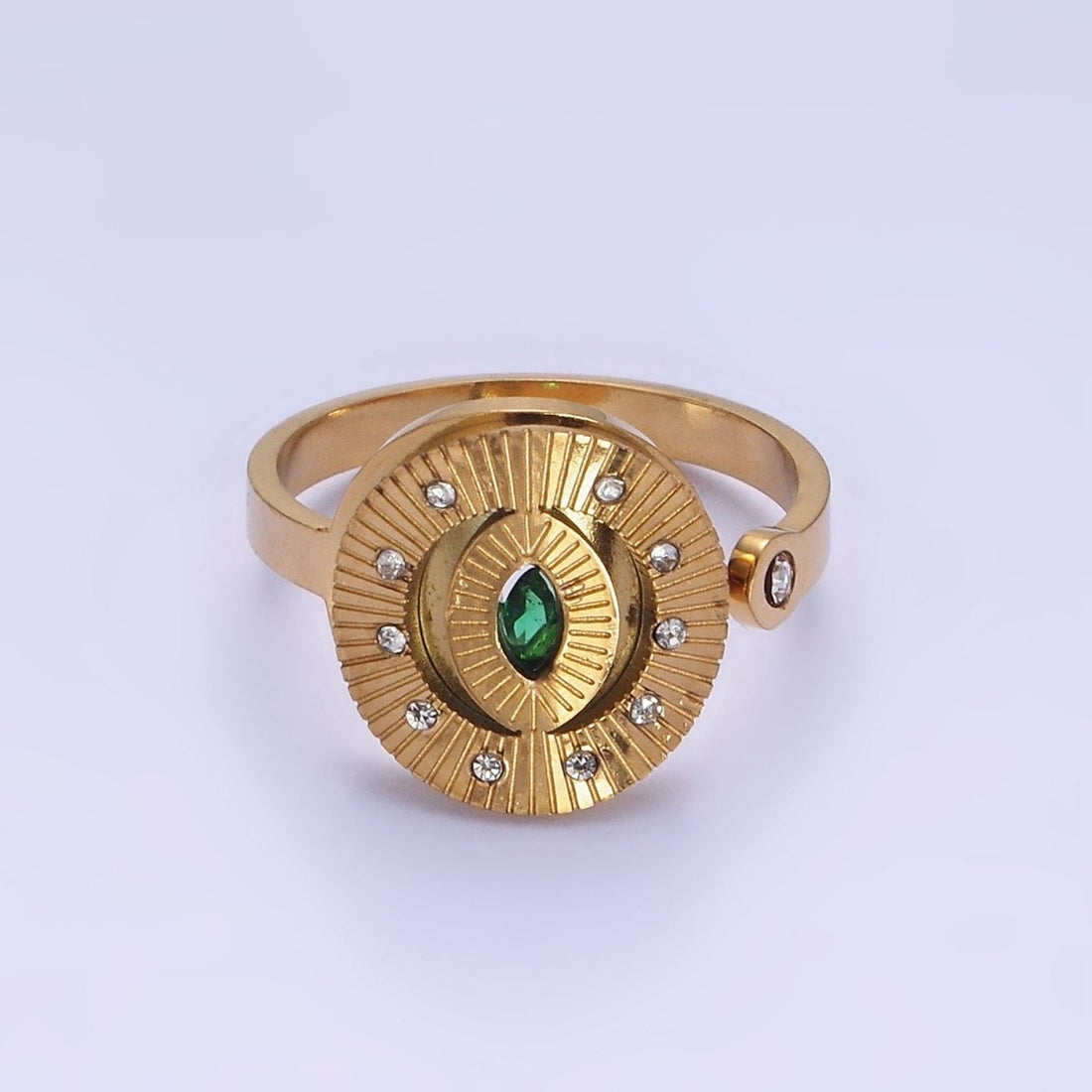 Stainless Steel Green Marquise CZ Dotted Sunburst Lined Oval Wrap Ring | O1288