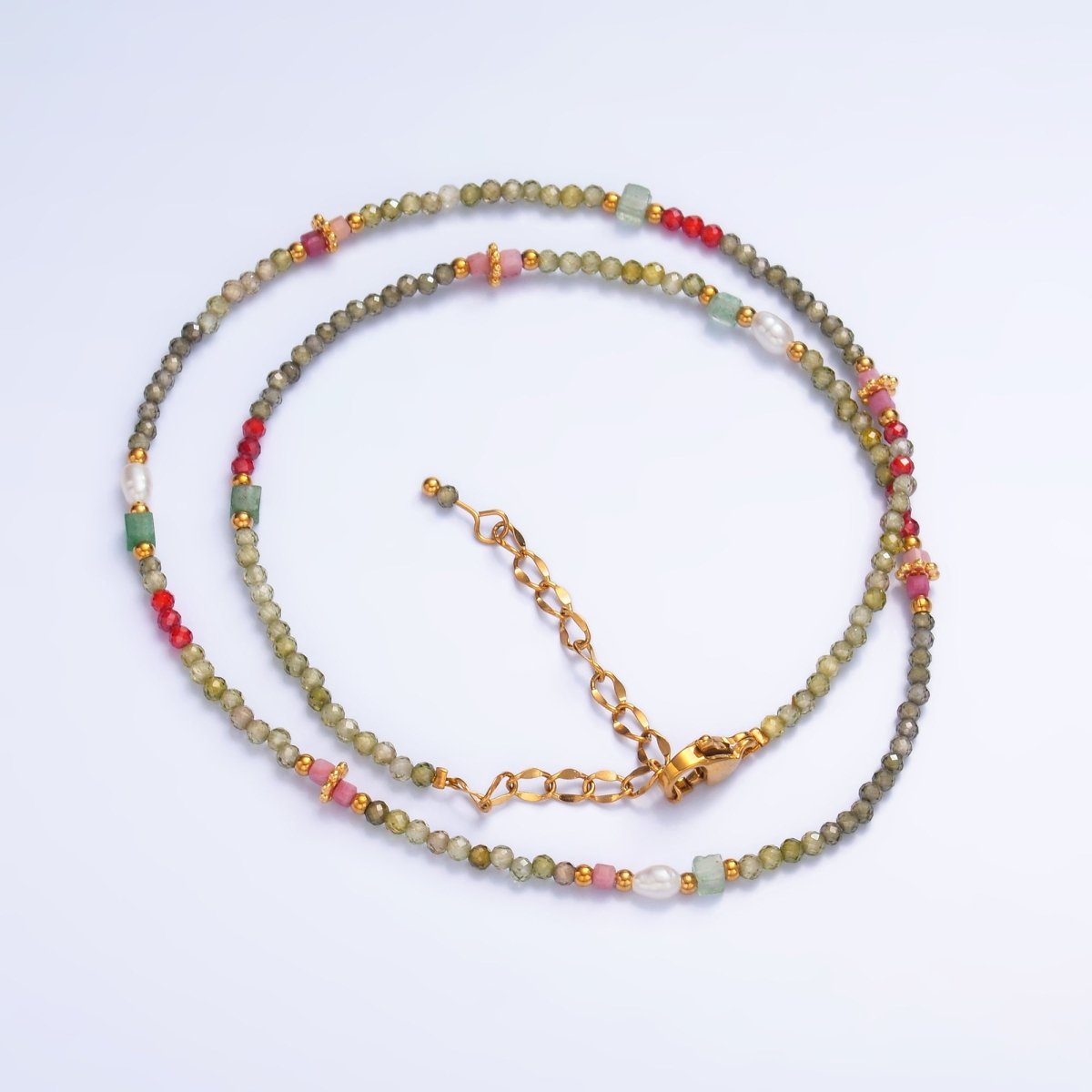 Stainless Steel Green-Red Natural Gemstone 15 Inch Choker Necklace | WA-3098