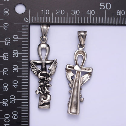 Stainless Steel Griffin Animal Ankh Cross Egyptian Oxidized Silver Pendant | P1410